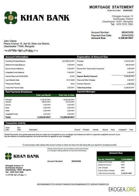 Modèle Word et PDF de relevé hypothécaire de la Mongolie Khan Bank